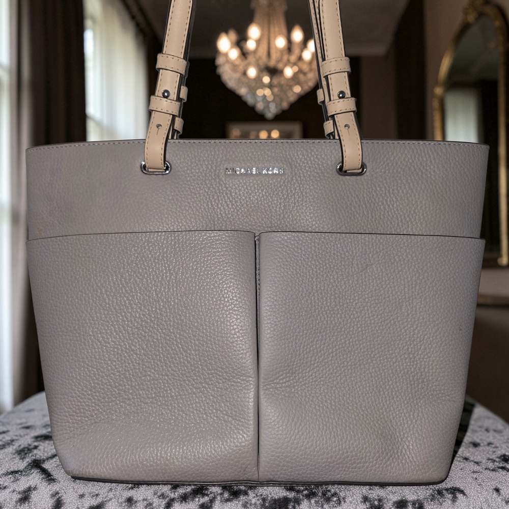 Michael Kors Pebbled Leather Tote Gray & Beige Large Shoulder Bag Authentic - Picture 7 of 8
